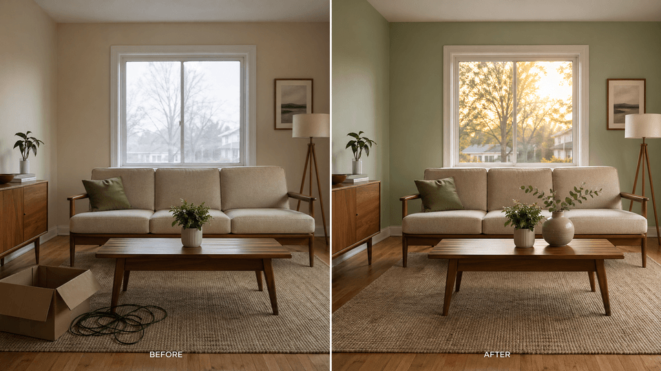Muse Image precise editing — before and after room redesign with natural-language edits.