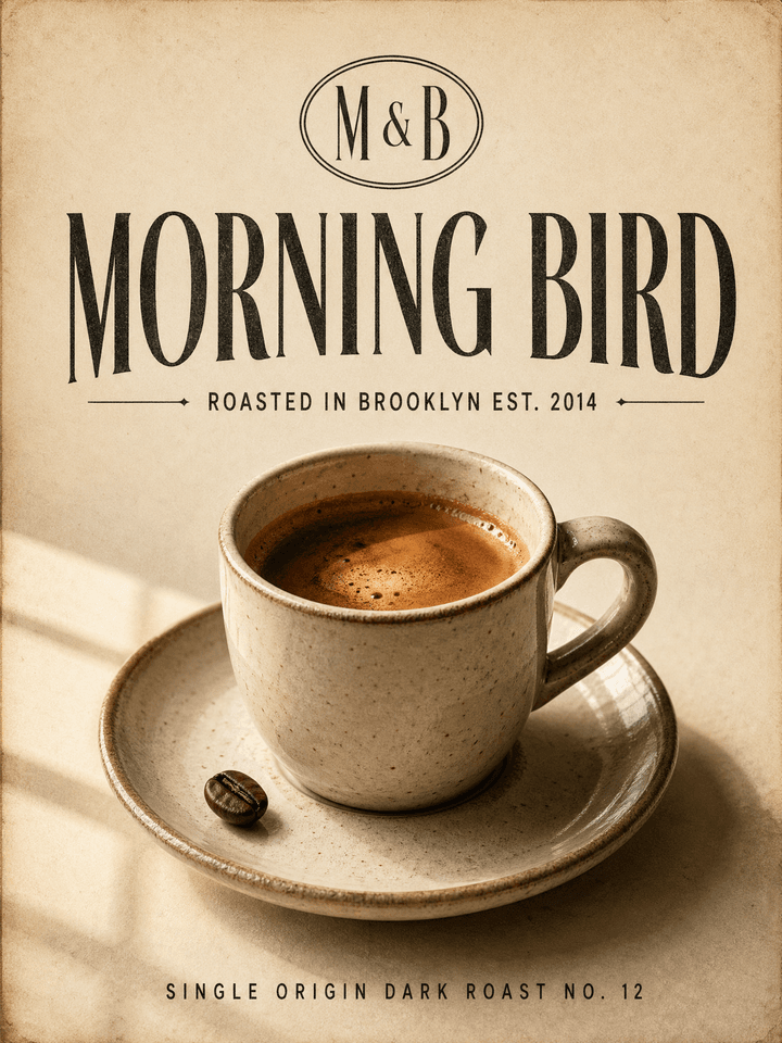 Chat Muse Image sample — vintage coffee brand poster for MORNING BIRD with art-deco serif typography.